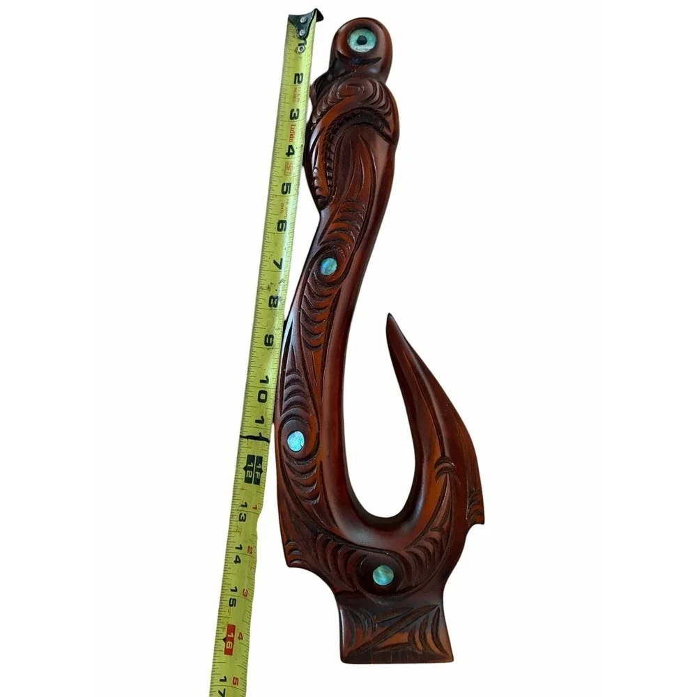 Hand Carved New Zealand Hei Matau Māori FISH HOOK Wall Art Paua Shell Inlay